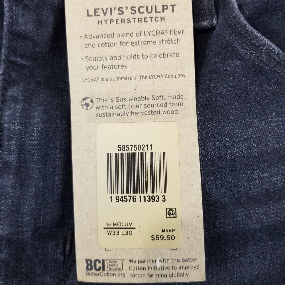 Levis Mid Rise Skinny Jeans Womens 16 Black Stretch Sculpt W33 L30 NWT Pants - Picture 6 of 16